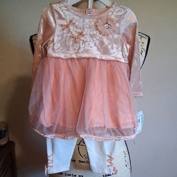 💫💫💫 Nanette Baby Pink Velvet and Tulle Dress with White Leggings 3-6 Months - Picture 1 of 5